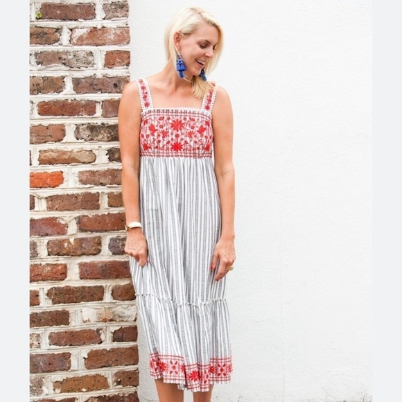 Kate Spade Floral Embroidered Striped Cotton Midi Dress - Picture 3 of 14